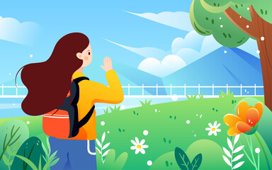 Girl with a backpack ready to travel with mountains and plants in the background, vector illustration