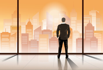 businessman  looking out for metropolis through window at the city skyline from an office building on sunset.