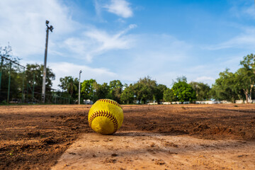 old softball on Homepage and View of a Softball Field from Home Plate - obrazy, fototapety, plakaty