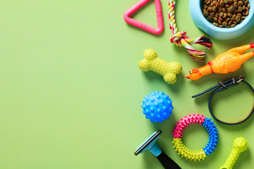 Pet toys for training, grooming equipment and bowl of dry food on green background. Top view with...