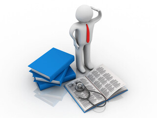 3d rendering student with Stethoscope on books 
