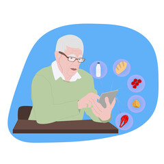 Old man shopping online in smartphone application 
