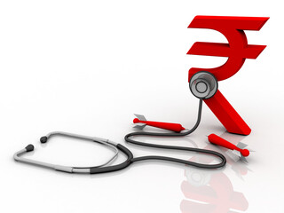 3D rendering illustration Rupee currency with Stethoscope in tax  