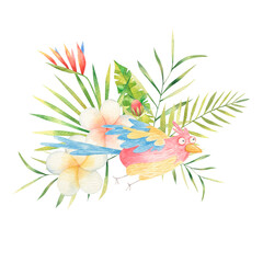 composition with cute parrot in tropical leaves and flowers, children's watercolor illustration isolated on white background, design, print