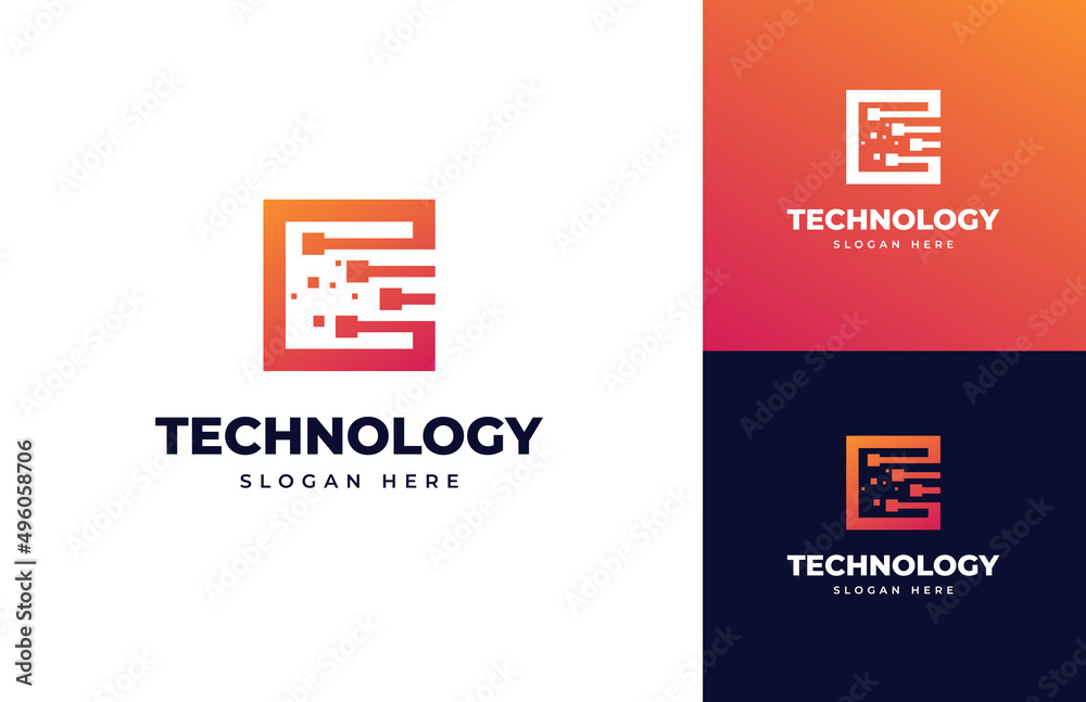 Poster initial letter c tech pixels line random circuit vector logo design, simple square dots technology w