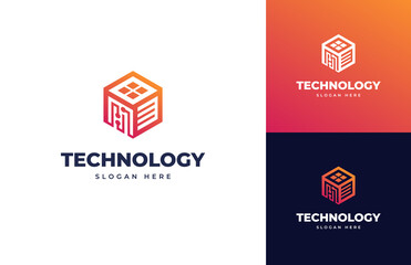 Digital document data tech circuit home vector logo design, Creative geometric quick future technology logo design