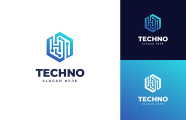 Geometric circuit tech wire digital system vector logo design, Creative technology connection data online logo design