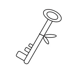 Contour black-and-white drawing of  a door key. Vector illustration. Coloring page.