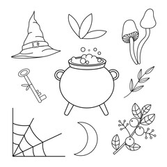 Contour black-and-white drawing set of magical elements. A witch's cauldron, a branch, a witch's hat, a key, a spider web, a branch with leaves and berries, a crescent moon, poisonous mushrooms.