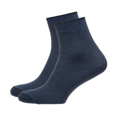 A pair of fabric socks stands on a white isolated background. Volumetric socks on a transparent mannequin. Gray socks.