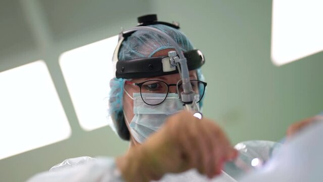 Portrait of a woman doctor during surgery. A doctor concentrating on the patient during surgery