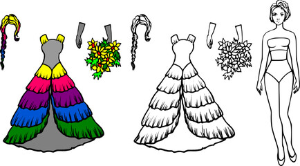 Sketch of a ruffled ball gown with tinsel. Dress for a painted doll, coloring book for children. Fashion clothes, wig, gloves, bouquet, accessories