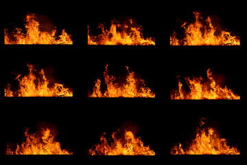 Big fire collection thermal energy of burning flames isolated on dark background for graphic design.
