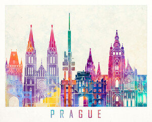 Fototapeta premium Prague landmarks watercolor poster