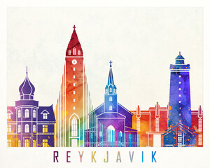 Fototapeta premium Reykjavik landmarks watercolor poster