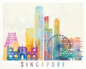 Papier Peint photo Lavable Peinture d aquarelle gratte-ciel Singapore  landmarks watercolor poster