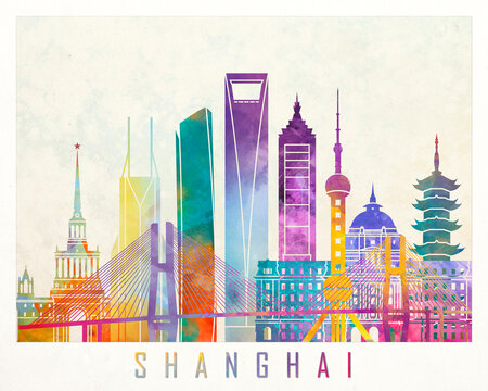 Shanghai landmarks watercolor poster
