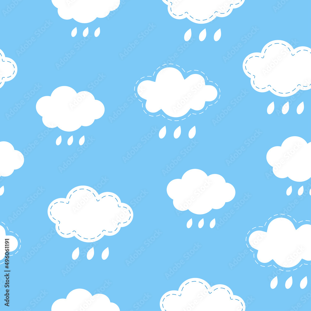 Wall mural seamless pattern background with white fluffy cartoon clouds and drops rain on light blue sky. vecto