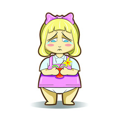 Adorable sad little girl in pink dress cartoon chibi style children illustration isolated on white
