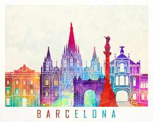 Barcelona landmarks watercolor poster