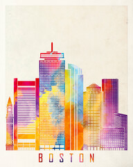 Boston landmarks watercolor poster