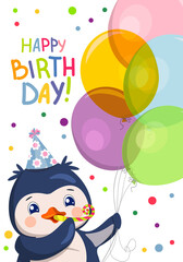 Obraz na płótnie Canvas Vector birthday card in cartoon style with a drawn penguin with balloons and a pipe in a festive hat and handwritten wishes