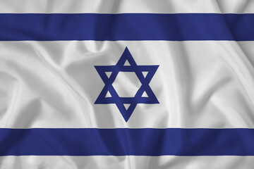Israel flag with fabric texture. Close up shot, background