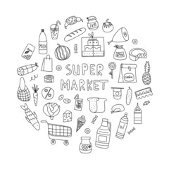 Hand drawn set of healthy food ingredient doodles with lettering in vector