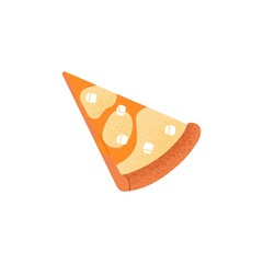 Cut cheesy pizza piece. Italian food, triangle slice with feta, mozzarella, cheddar cheese and thick crust. Tasty vegetarian snack from Italy. Flat vector illustration isolated on white background