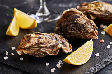Fresh closed oysters with lemon on slate plate - 496061796