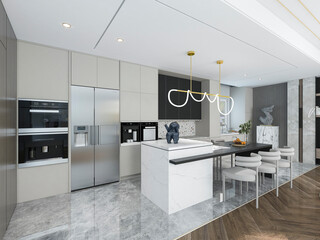3D rendering,Spacious modern luxurious kitchen with bar design.