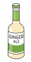 Doodle cartoon style bottle of ginger ale. Refreshing soft drink, cocktail ingredient. For card, stickers, posters, bar menu or cook book recipe.