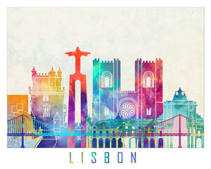 Lisbon landmarks watercolor poster
