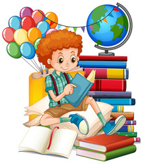 A boy reading books on a stack of books
