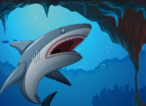 Aggressive shark underwater deep sea background