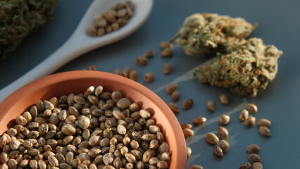 A bunch of cannabis seeds lie on a spoon and plate with several dried buds