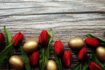 Easter background with eggs and tulip flower on wooden background