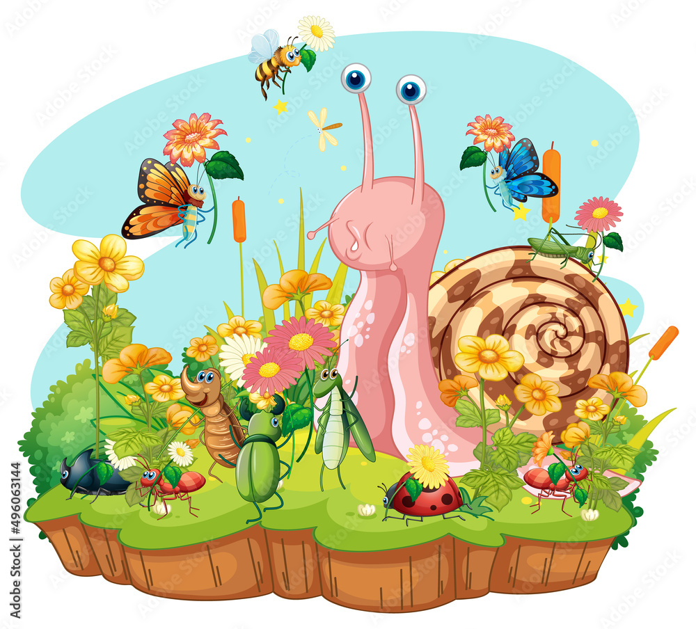 Sticker Cute snail and insects in cartoon style