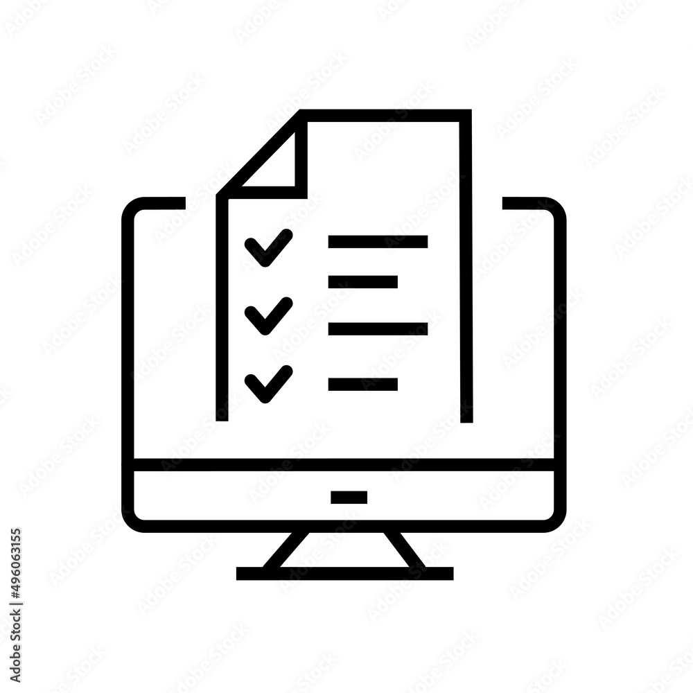 Fototapete Vector computer and checklist icon. Online survey, application form with check marks, tasks list. Modern sign, linear pictogram, outline symbol, simple thin line icon