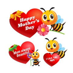 Happy Mother's Day. Collection of cartoon cute bee with big love shaped signage. Various mother's day greetings on heart shape. Vector character mascot set	