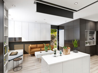 3D rendering,Spacious modern luxurious kitchen with bar design.