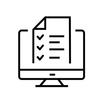 Vector computer and checklist icon. Online survey, application form with check marks, tasks list. Modern sign, linear pictogram, outline symbol, simple thin line icon