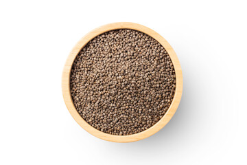 Perilla flutescens seeds in wooden bowl isolated on white background with clipping path. Top view. Flat lay.