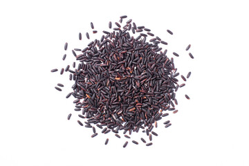Pile of black rice isolated on white background. Top view. Flat lay.