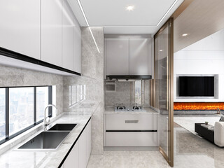 3D rendering,Spacious modern luxurious kitchen with bar design.