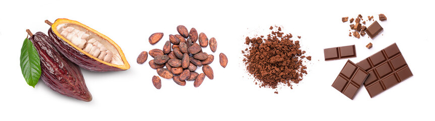 Set of cocoa fruit, cacao beans, cocoa powder and chocolate bar isolated on white background. Top...