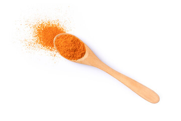 Turmeric powder (Tumeric curcumin, Curcuma longa linn) in wooden spoon isolated on white background. Top view. Flat lay.