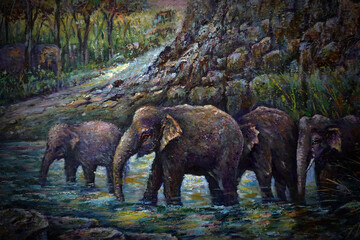 hand drawn original impressionism art painting oil color elephant family and pachyderm thailand ,  forest , jungle , wild © Kwang Gallery