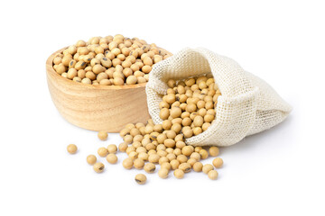 Soybean in a sack and bowl