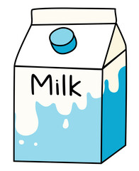 Doodle cartoon style box pack of milk. Natural healthy diary product, cocktail ingredient. For card, stickers, posters, bar menu or cook book recipe